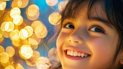 Naklejka premium Close-Up of Bright, Sparkling Eyes with a Cheerful Smile Against a Twinkling Background of Soft Lights