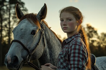 Obraz premium Young girl beside majestic gray horse, showcasing bond between r
