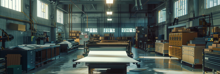 A modern bookbindery with machines cutting, folding, and binding pages into hardcover books