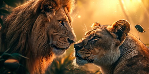 lion and a lioness in love admire each other in a paradise safari, Generative AI