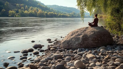 A serene riverside with smooth stones scattered along the shore, a meditator sitting crosslegged on a large rock, finding grounding and stability in nature