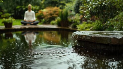 Naklejka premium A tranquil garden scene with light rain creating ripples in a small pond, a meditator in lotus position on a stone bench, embodying serenity in the moment