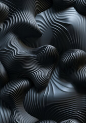 Matte black geometric forms with subtle texture, arranged in an impossible pattern, 3D