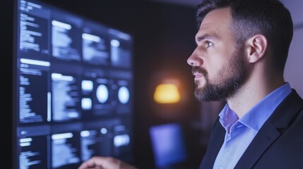 Fototapeta premium Businessperson Analyzing Data on Digital Screen in Modern Office Environment at Night