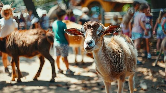 Fuzzy snapshot of e animals roaming around a crowded petting zoo with kids in the background.