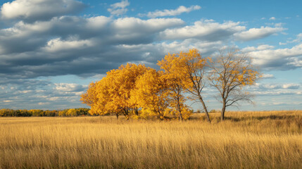Fototapeta premium Beautiful autumn landscape with colorful trees in a meadow under a blue sky