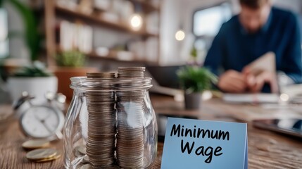 Stacks of Coins Rising on Graph with Minimum Wage in Background for Financial Growth Concept