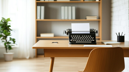 Vintage typewriter on a wooden desk in a cozy workspace with a plant and books in soft natural light
