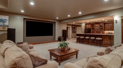 Fototapeta premium A well-designed basement entertainment area with a surround sound home theater, soft couches, and a wooden mini-bar