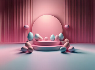 Pastel pink and blue eggs surround a tiered display platform against a pink striped backdrop.  A minimalist, modern Easter scene.