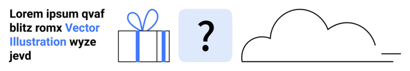 Gift box with blue ribbon, question mark in gray box, and outlined cloud with text. Ideal for concepts thumbs up confusion, decision-making, uncertainty, surprise, cloud services, brainstorming