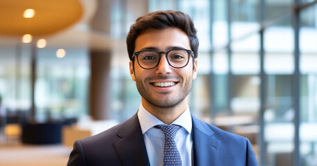 Fototapeta premium A young man dressed in a dark suit and glasses stands smiling in a bright office space filled with glass walls and contemporary decor, reflecting a positive work atmosphere.