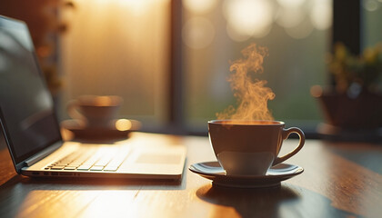 Steaming coffee cup placed near a laptop on a wooden desk, bathed in warm morning light