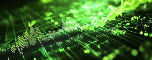 A dynamic fluctuating graph on electric green hues.
