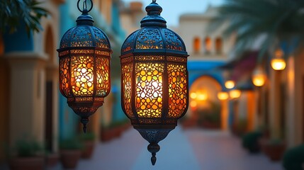 Two ornate lanterns illuminate a dimly lit alleyway.