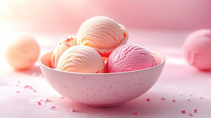 Different flavor ice-cream scopes in bowl isolated on light pink background, 4k Resolution 