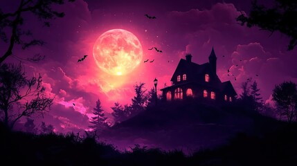 Fototapeta premium purple and black illustration of a spooky house with bats flying in the sky