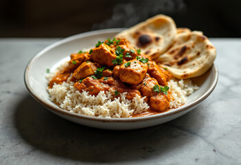 Chicken tikka masala, cooked marinated chicken chunks in spiced curry sauce, served over rice and with naan bread
