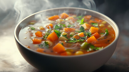 Organic vegetable soup steaming hot in a bowl