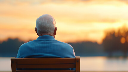 Fototapeta premium elderly man sits on bench, gazing at serene sunset over water, reflecting on life. warm colors create peaceful atmosphere.