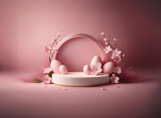 Pastel pink Easter scene.  A circular platform displays pink eggs nestled amongst delicate cherry blossoms and soft feathers against a pink background.  Springtime elegance.
