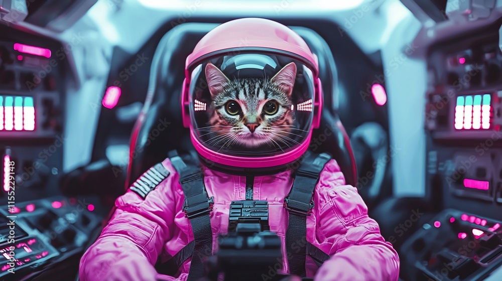 Poster cute tabby cat astronaut in pink spacesuit inside spaceship cockpit.