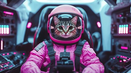 Cute tabby cat astronaut in pink spacesuit inside spaceship cockpit.