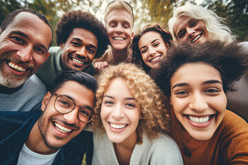 Fototapeta premium Diverse group of people smiling in joy, a unique crowd, ethnic diversity, different cultures, family, multicultural friends, cultural mixing pot, friendship, family, happy faces