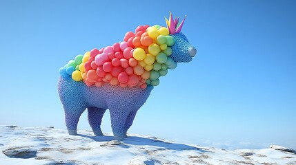 Rainbow balloon-adorned fluffy creature on snowy peak.