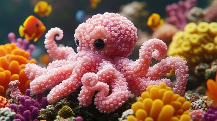 Obraz premium Pink octopus figurine in vibrant coral reef.