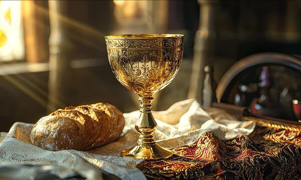 Golden chalice next to a bread, on the altar table, with beautiful sunlight.