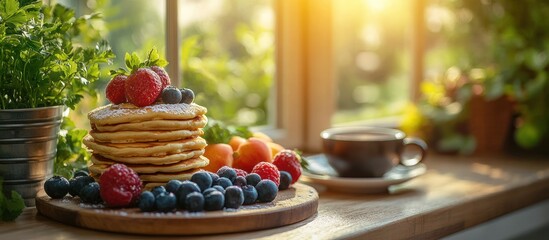 Naklejka premium Pancakes with berries and coffee by a sunny window.