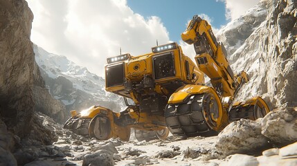 Yellow robotic vehicle navigating rocky mountain terrain.