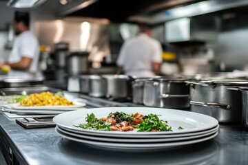 A plated appetizer sits in a busy restaurant kitchen.
