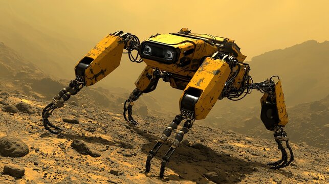 Rusty yellow robot exploring a desolate alien planet.