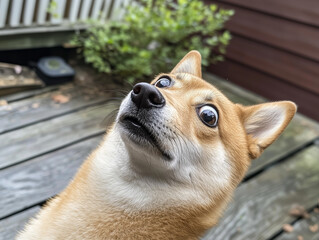 Shiba Inu is surprised, looks a little to the side. Funny postcard with humor. Poster with a funny dog.