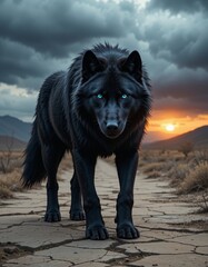 Fototapeta premium Majestic Black Wolf at Sunset