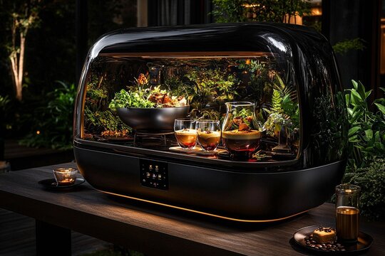 A collection of futuristic coffee machines featuring sleek designs and advanced technology, blending functionality and aesthetics. These high-tech devices showcase glowing interfaces, customizable bre