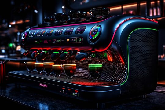 A collection of futuristic coffee machines featuring sleek designs and advanced technology, blending functionality and aesthetics. These high-tech devices showcase glowing interfaces, customizable bre