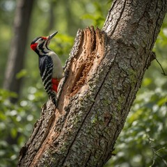 A woodpecker hammering on a tree trunk in a vibrant springtime forest.