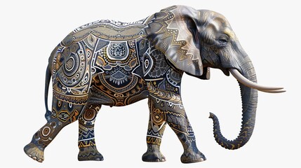 Obraz premium A majestic elephant adorned with intricate patterns, isolated on a plain white background.