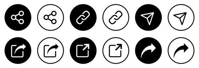 Share icons button collection. Share icon buttons set isolated. Share button icon set isolated on a white background. Share icon button flat and outline style. Vector illustration.