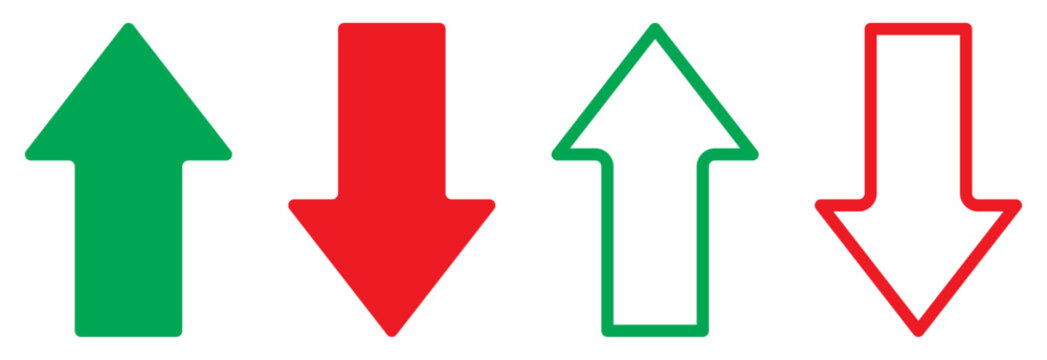 Simple up and down arrows green and red color isolated on a white background. Up and down arrow icons. Stock market graph up and down green and red color flat and outline style. Vector illustration.