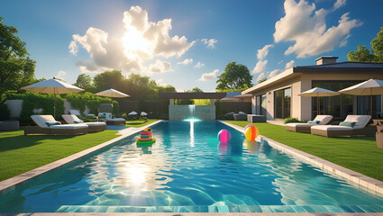 Modern Luxurious Villa with garden and swimming pool, Generative AI
