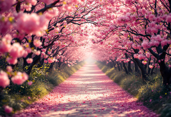A breathtaking scene of a pathway covered in vibrant pink blossoms