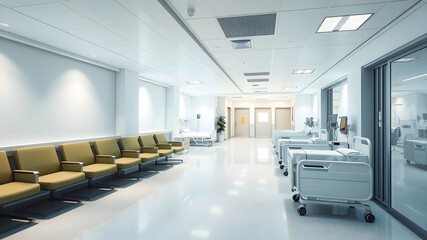 Fototapeta premium Modern hospital with waiting area and hospital bed in rooms.3d rendering. Generative AI