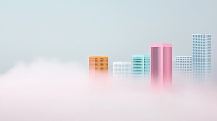 Fototapeta premium Colorful skyscrapers emerge from a soft layer of mist against a pale sky.