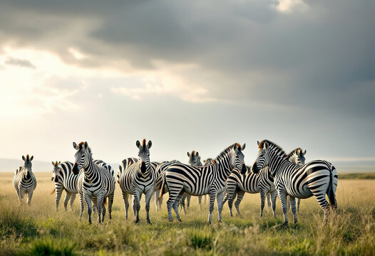 A herd of zebras standing in a grassy field with a cloudy sky in the background