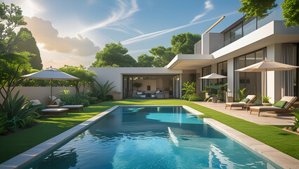 Modern Luxurious Villa with garden and swimming pool, Generative AI
