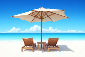 Beach scene sky sand chairs umbrella table ocean shade